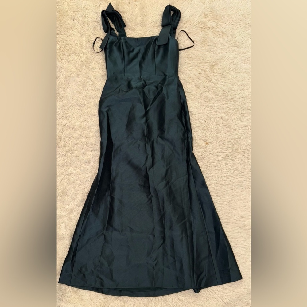 NEW Alfred Sung Bow Strap Satin Twill Trumpet Gown Sz 10 R evergreen green - Picture 2 of 7